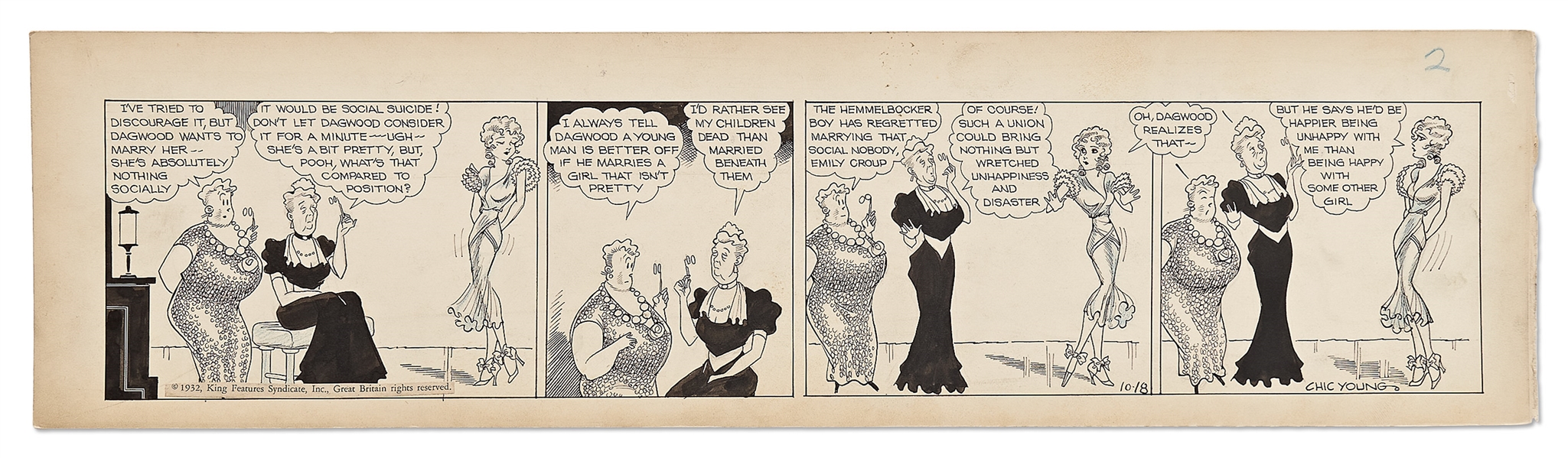 Chic Young Hand-Drawn ''Blondie'' Comic Strip From 1932 -- Blondie Claps Back at Mrs. Bumstead and Her Snobby Friend