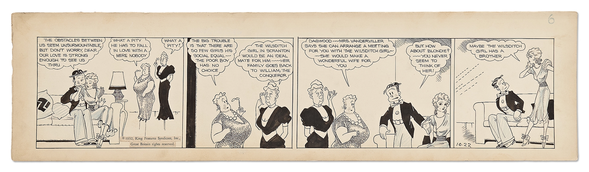 Chic Young Hand-Drawn ''Blondie'' Comic Strip From 1932 -- Dagwood Pursues Blondie