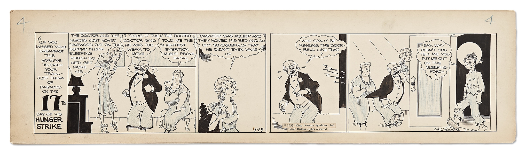 Chic Young Hand-Drawn ''Blondie'' Comic Strip From 1933 -- Day 17 of Dagwood's Famous Hunger Strike!