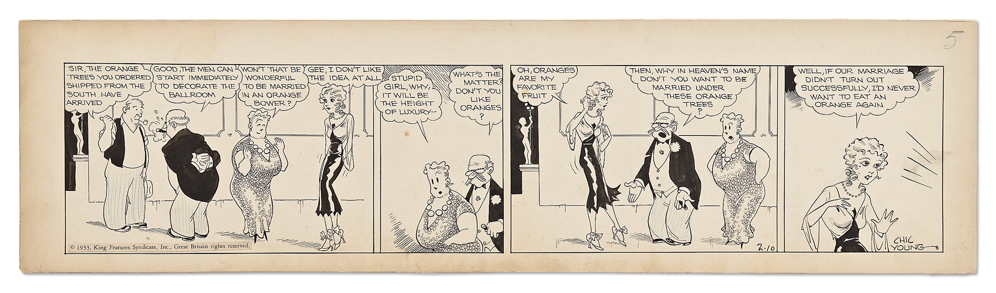 Chic Young Hand-Drawn ''Blondie'' Comic Strip From 1933 -- The Bumsteads Plan Blondie's Marriage to Dagwood