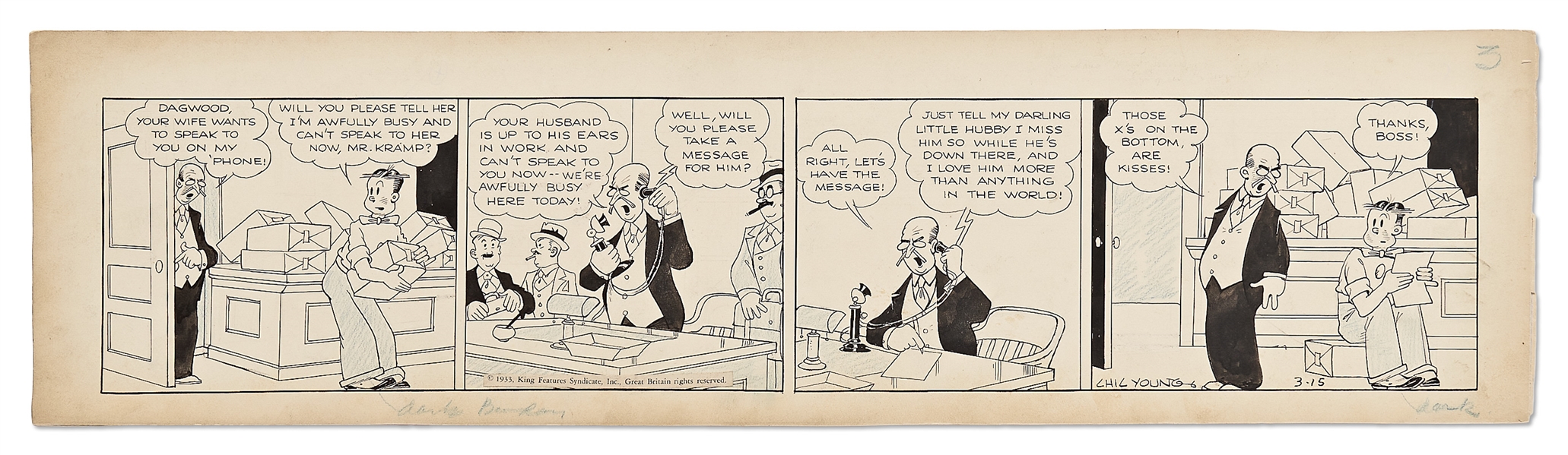 Chic Young Hand-Drawn ''Blondie'' Comic Strip From 1933 -- Blondie and Dagwood Are Newlyweds in Love