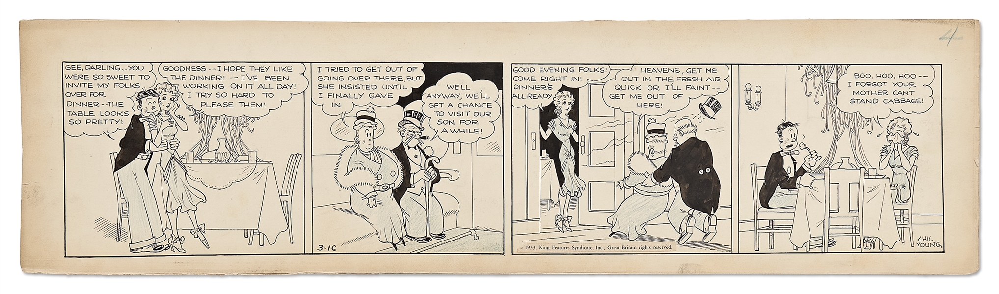 Chic Young Hand-Drawn ''Blondie'' Comic Strip From 1933 -- A Rare Strip Showing Dagwood's Parents at Blondie & Dagwood's Home