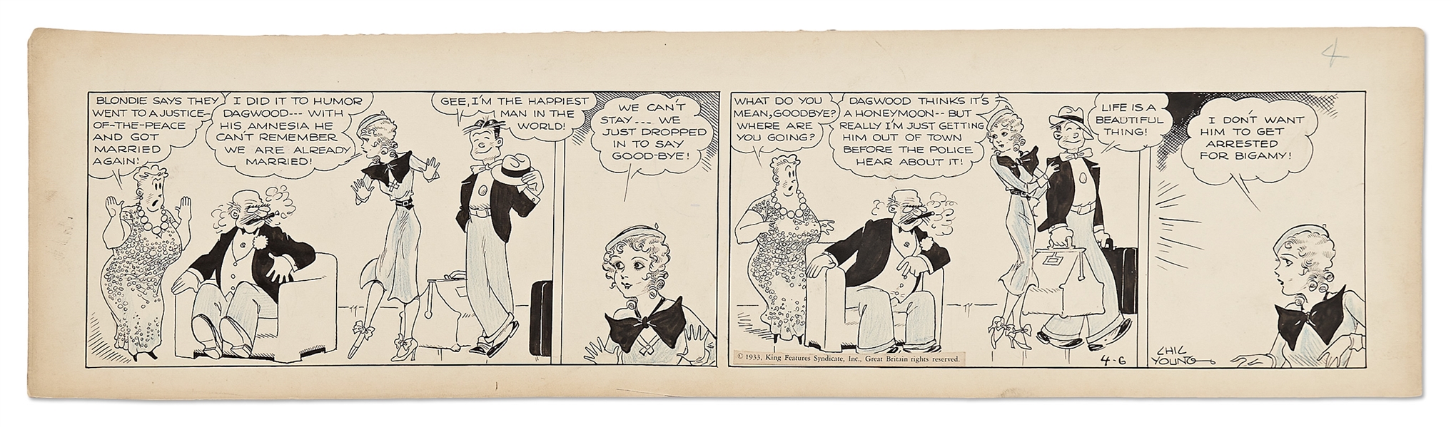 Chic Young Hand-Drawn ''Blondie'' Comic Strip From 1933 -- Dagwood Has Amnesia!