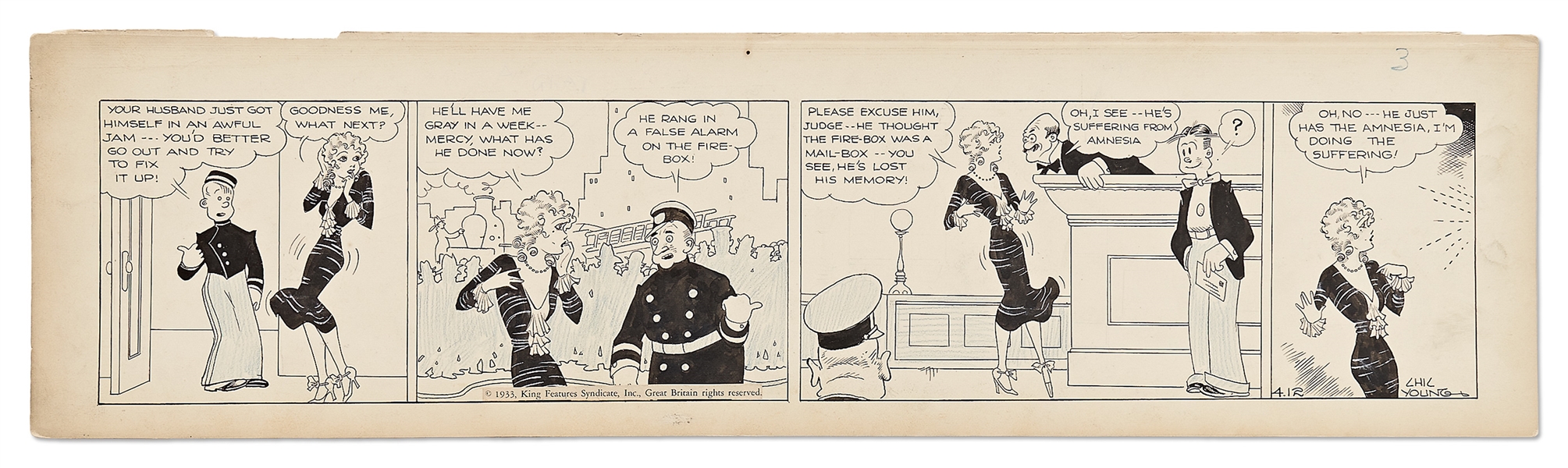 Chic Young Hand-Drawn ''Blondie'' Comic Strip From 1933 -- Dagwood's Amnesia Gets Him Into Trouble