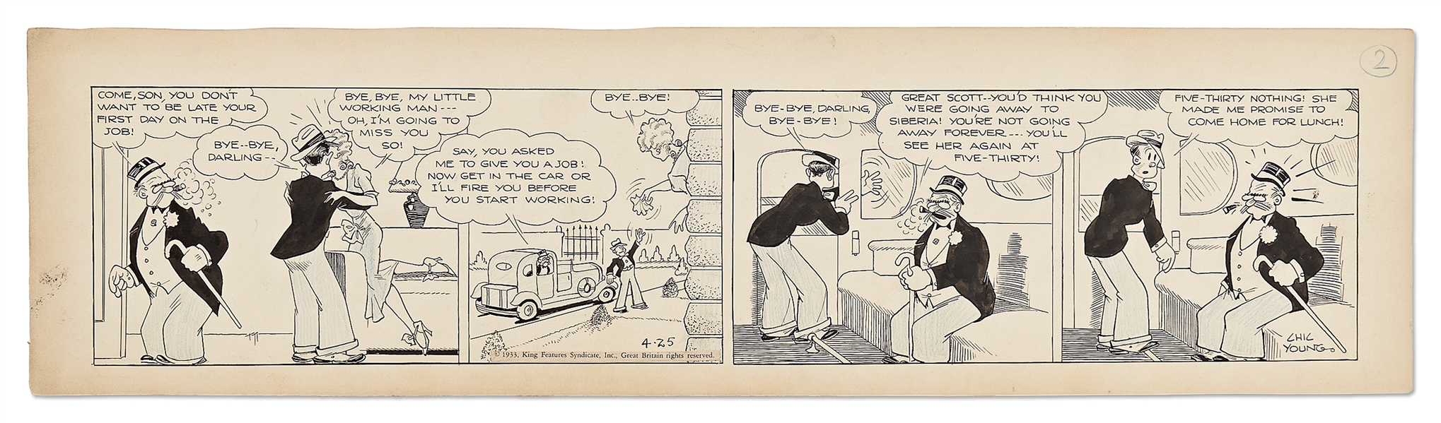 Chic Young Hand-Drawn ''Blondie'' Comic Strip From 1933 -- Dagwood's First Day of Work!