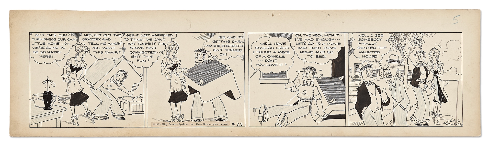 Chic Young Hand-Drawn ''Blondie'' Comic Strip From 1933 -- Dagwood & Blondie's First Night in Their New Home