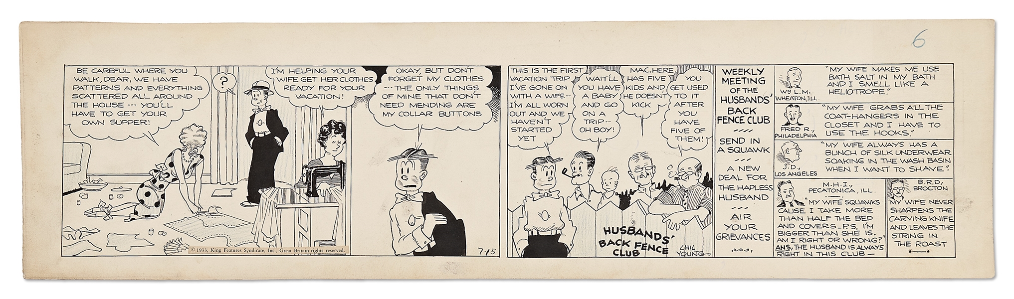 Chic Young Hand-Drawn ''Blondie'' Comic Strip From 1933 -- The ''Weekly Meeting of the Husbands' Back Fence Club''