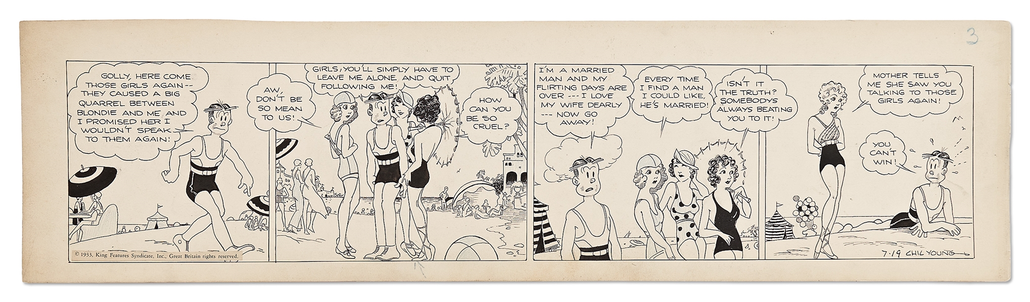 Chic Young Hand-Drawn ''Blondie'' Comic Strip From 1933 -- Blondie & Dagwood Don Swimsuits at the Beach