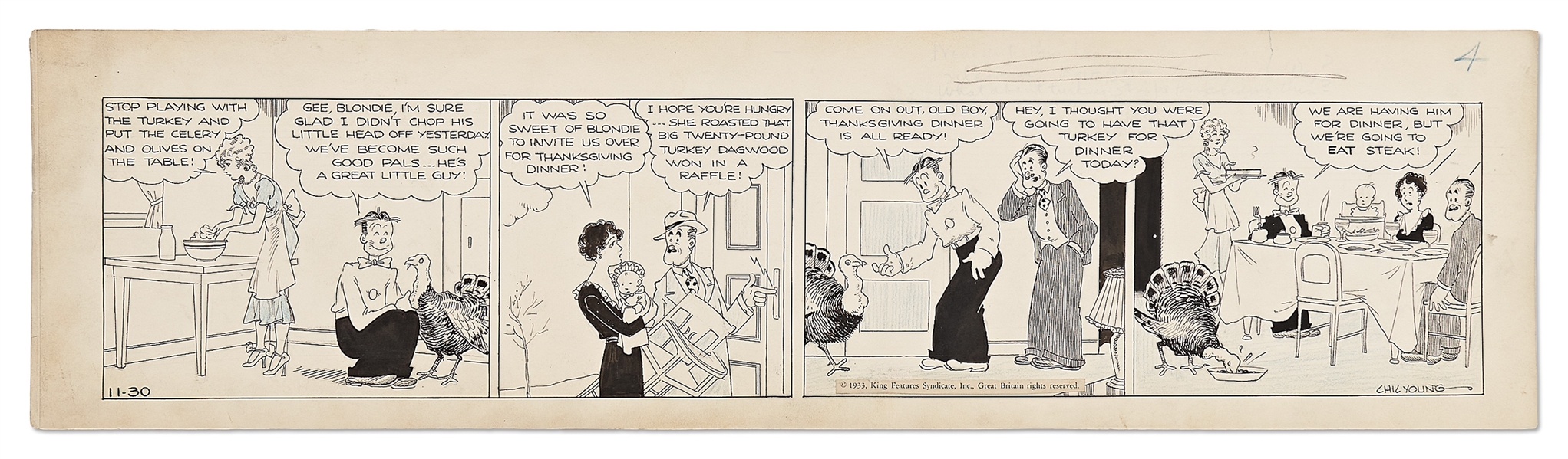 Chic Young Hand-Drawn ''Blondie'' Comic Strip From 1933 -- Thanksgiving Strip Where Dagwood ''Pardons'' Their Turkey