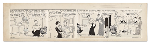 Chic Young Hand-Drawn Blondie Comic Strip From 1933 -- Thanksgiving Strip Where Dagwood Pardons Their Turkey