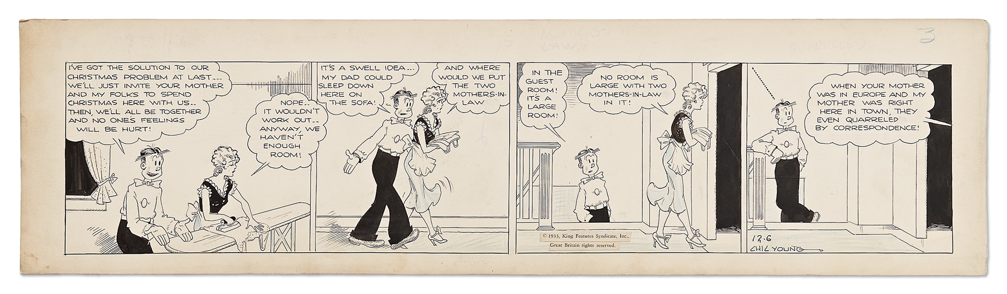 Chic Young Hand-Drawn ''Blondie'' Comic Strip From 1933 -- Dagwood & Blondie Juggle In-Laws for Christmas