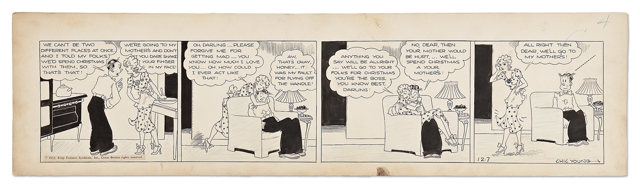 Chic Young Hand-Drawn ''Blondie'' Comic Strip From 1933 -- Blondie Employs Her Feminine Wiles to Convince Dagwood Where They Should Go for Christmas