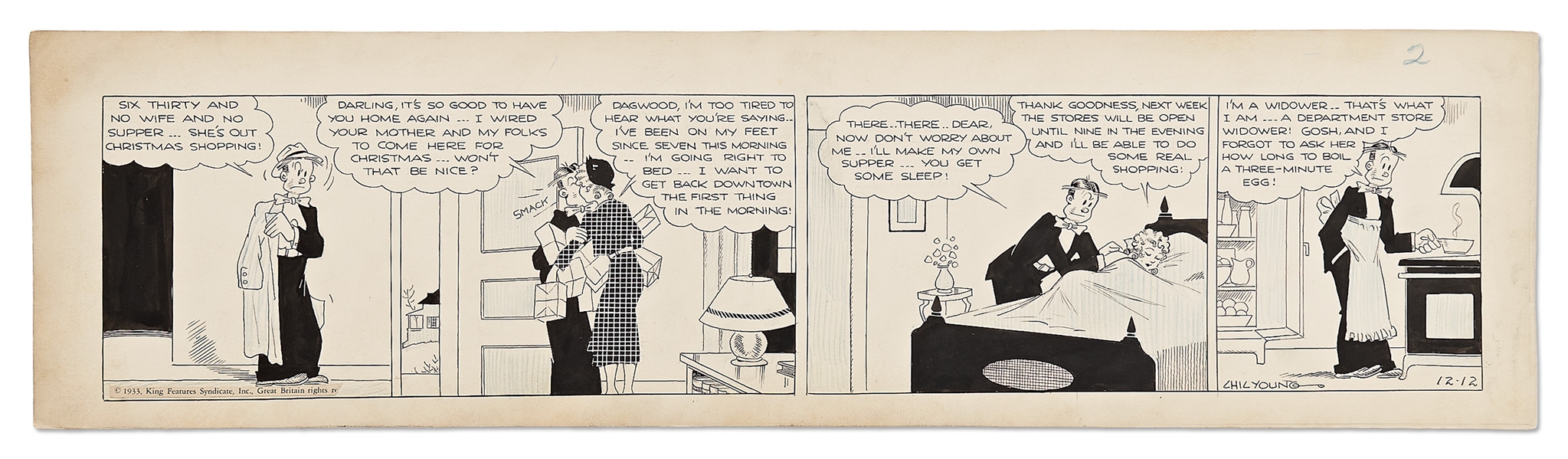 Chic Young Hand-Drawn ''Blondie'' Comic Strip From 1933 -- Christmas Themed Strip Where Dagwood Laments Being a ''Department Store Widower''