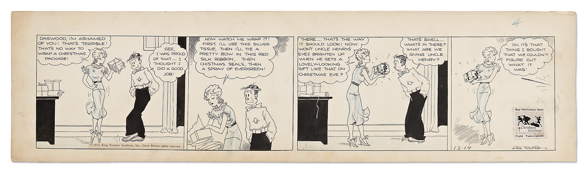 Chic Young Hand-Drawn ''Blondie'' Comic Strip From 1933 -- Christmas Themed Strip Where Blondie's Gift-Wrapping Skills Overshadow the Actual Gift