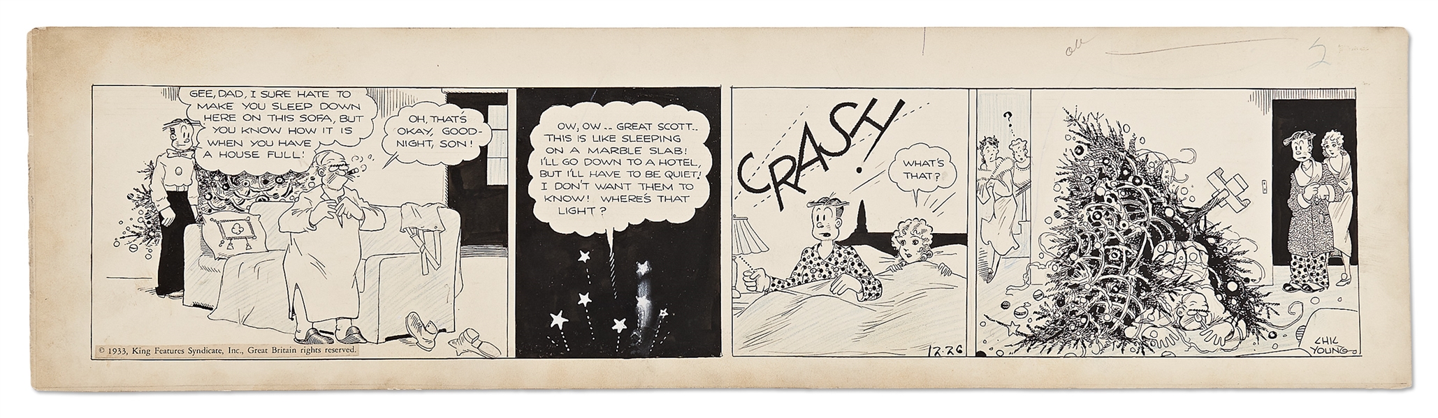 Chic Young Hand-Drawn ''Blondie'' Comic Strip From 1933 -- The Christmas Tree Crashes! in This Visually Stunning Strip