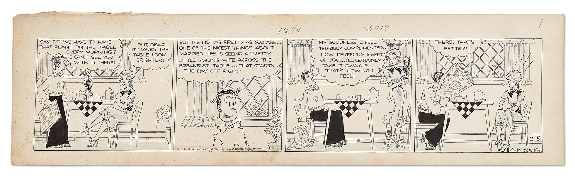 Chic Young Hand-Drawn ''Blondie'' Comic Strip From 1934 -- Dagwood Buries His Head in the Newspaper at the Table in This Charming ''Pre-Screens'' Strip