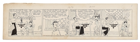 Chic Young Hand-Drawn Blondie Comic Strip From 1934 -- Dagwood Buries His Head in the Newspaper at the Table in This Charming Pre-Screens Strip