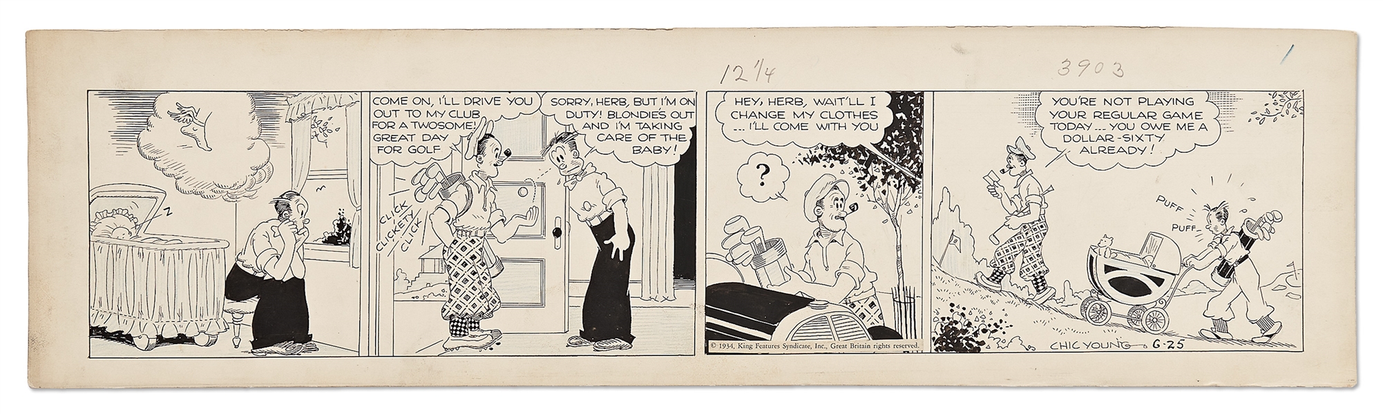 Chic Young Hand-Drawn ''Blondie'' Comic Strip From 1934 -- Dagwood Juggles Golf and Babysitting