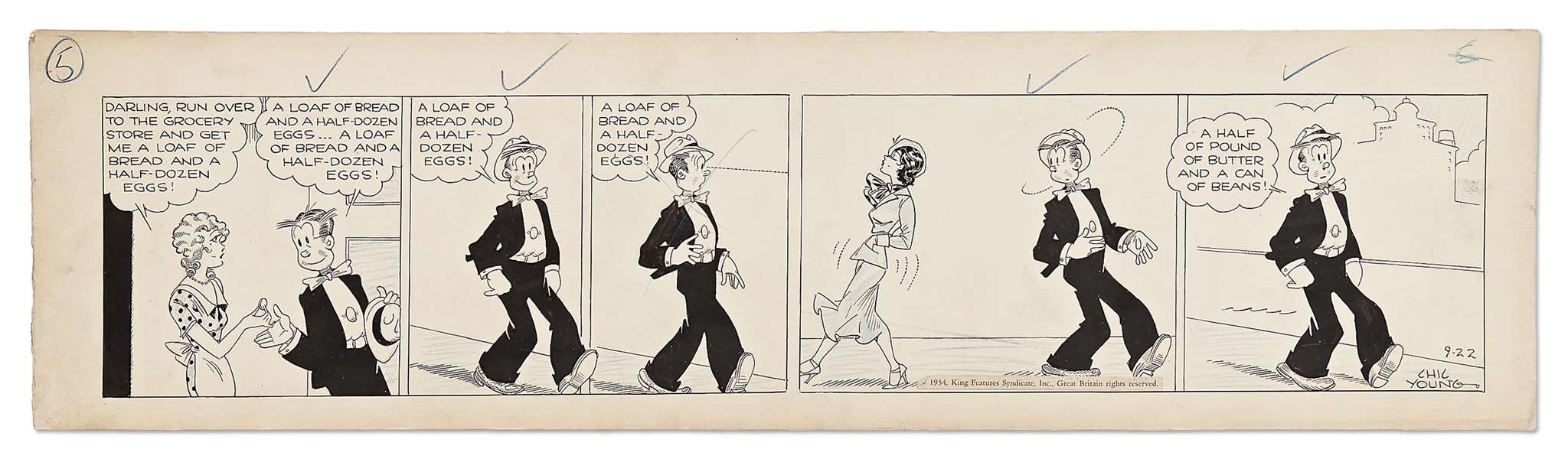 Chic Young Hand-Drawn ''Blondie'' Comic Strip From 1934 -- Dagwood Becomes Comically Distracted by a Pretty Woman