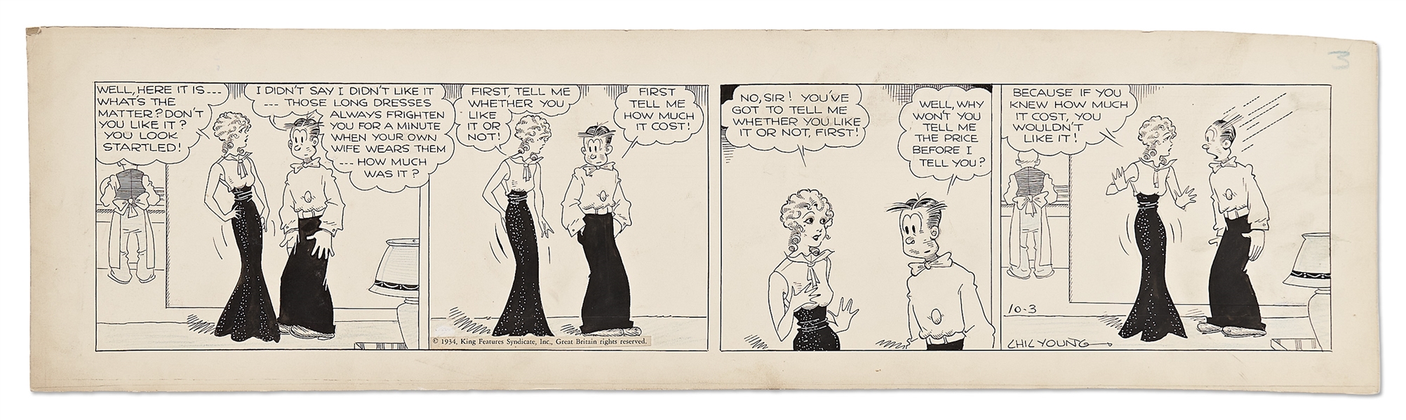 Chic Young Hand-Drawn ''Blondie'' Comic Strip From 1934 -- Blondie Wows in an Evening Dress but Dagwood Can Only See the Price Tag