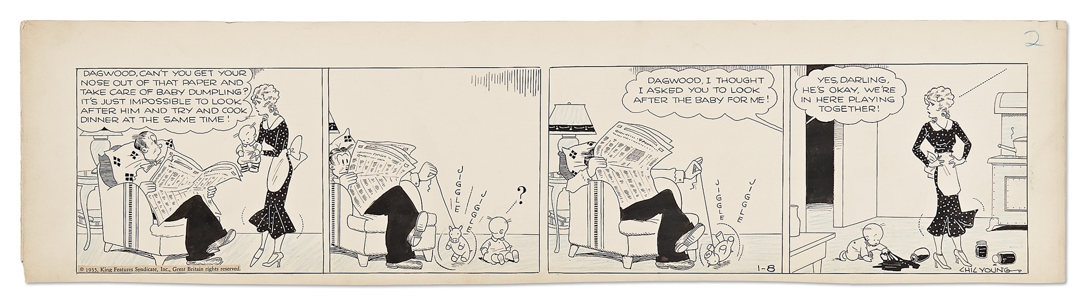 Chic Young Hand-Drawn ''Blondie'' Comic Strip From 1935 -- Dagwood's Babysitting Leaves Much to Be Desired