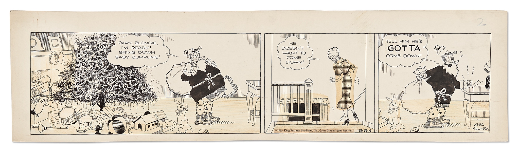 Chic Young Hand-Drawn ''Blondie'' Comic Strip From 1935 -- Christmas Themed Strip Where Dagwood Is Santa Claus!