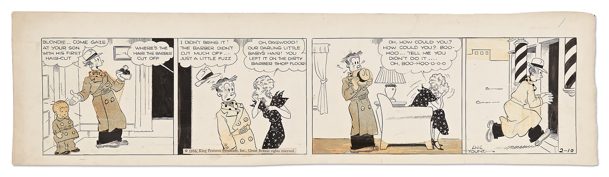 Chic Young Hand-Drawn ''Blondie'' Comic Strip From 1936 -- Baby Dumpling Gets His First Haircut