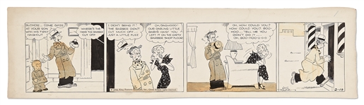 Chic Young Hand-Drawn Blondie Comic Strip From 1936 -- Baby Dumpling Gets His First Haircut