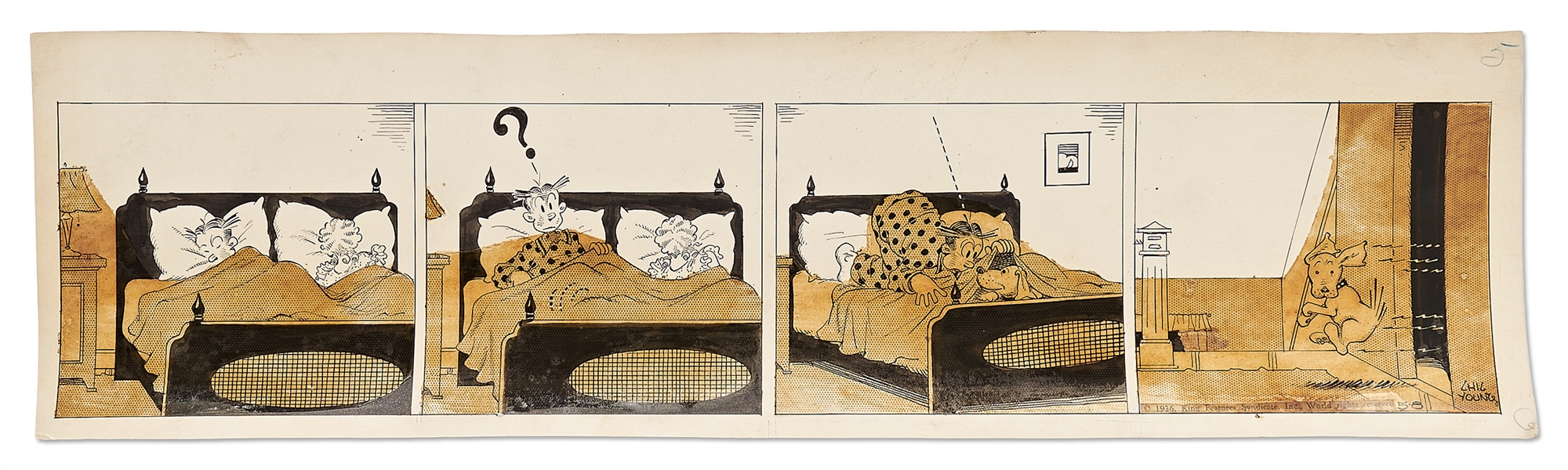 Chic Young Hand-Drawn ''Blondie'' Comic Strip From 1936 -- Daisy Gets Kicked Out of Bed