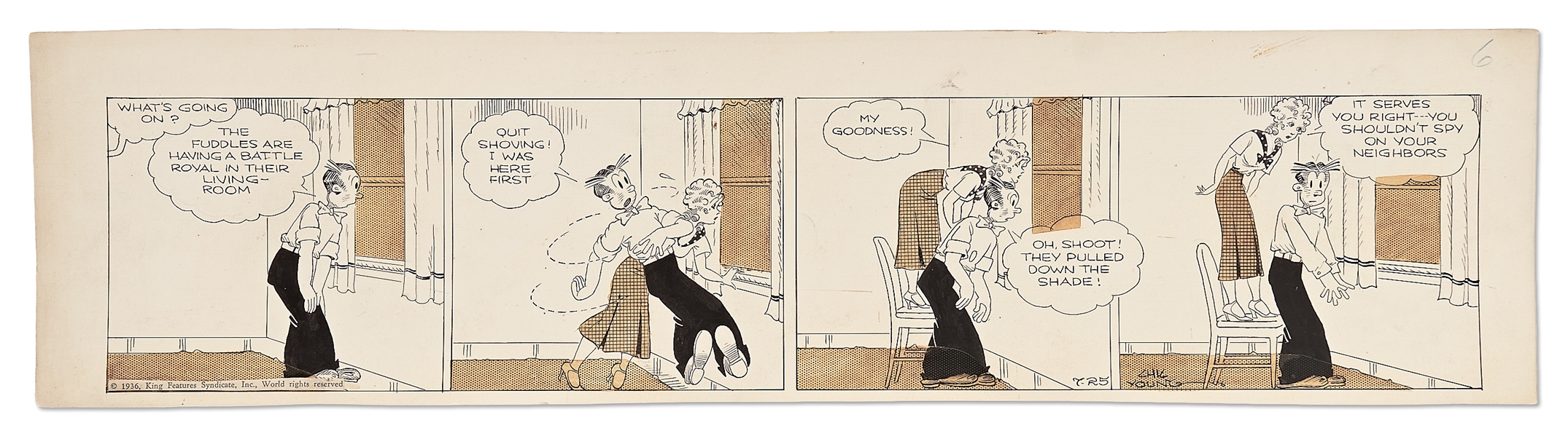 Chic Young Hand-Drawn ''Blondie'' Comic Strip From 1936 -- Blondie & Dagwood Snoop on Their Neighbors