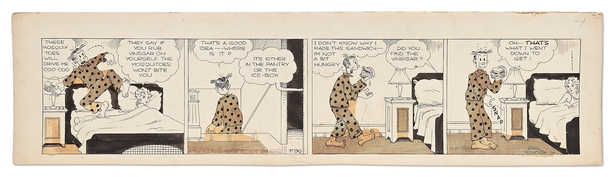 Chic Young Hand-Drawn ''Blondie'' Comic Strip From 1936 -- Dagwood Eats a Late Night Sandwich