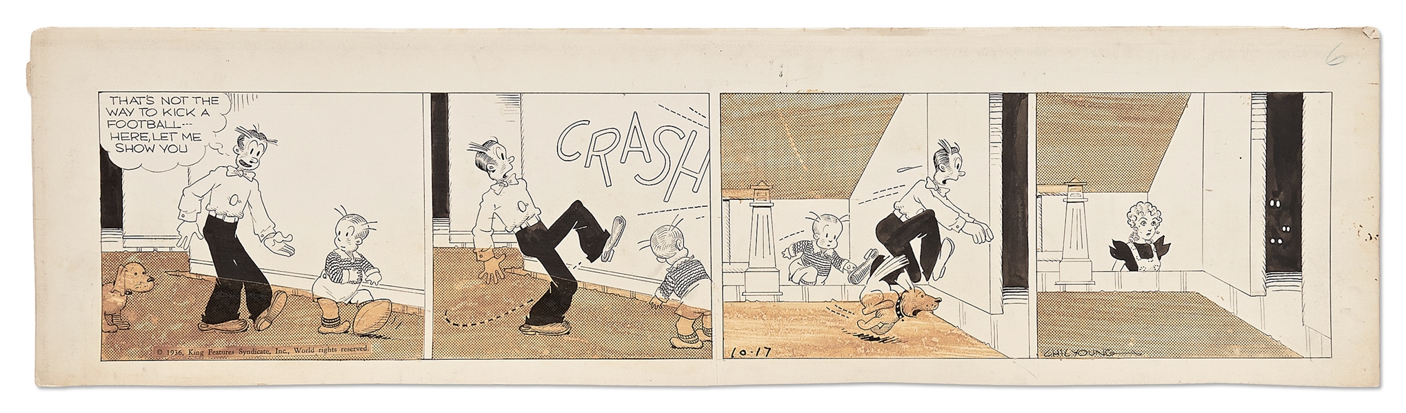 Chic Young Hand-Drawn ''Blondie'' Comic Strip From 1936 -- Dagwood, Baby Dumpling & Daisy Hide from Blondie After Playing Football Indoors