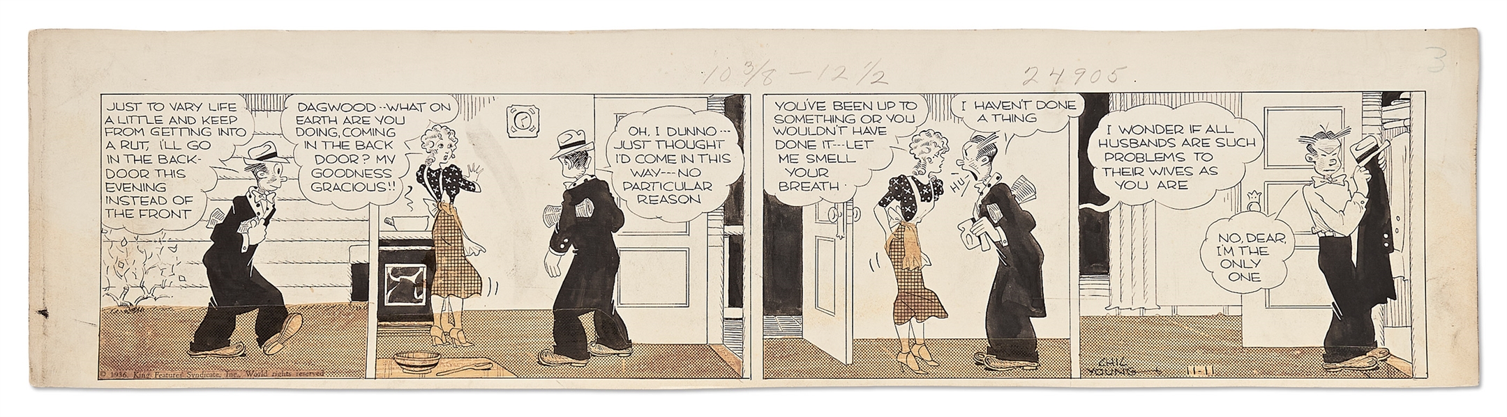 Chic Young Hand-Drawn ''Blondie'' Comic Strip From 1936 -- Blondie Suspects Dagwood of Something