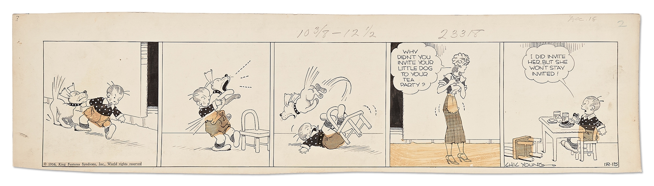 Chic Young Hand-Drawn ''Blondie'' Comic Strip From 1936 -- Daisy Refuses to Sit Down for Tea