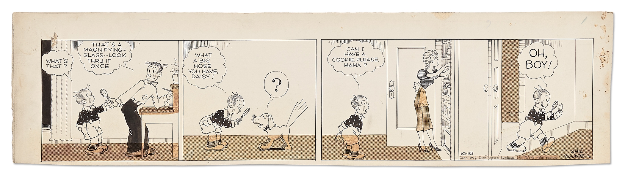 Chic Young Hand-Drawn ''Blondie'' Comic Strip From 1937 -- Baby Dumpling Plays with a Magnifying Glass