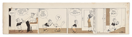 Chic Young Hand-Drawn Blondie Comic Strip From 1937 -- Baby Dumpling Plays with a Magnifying Glass