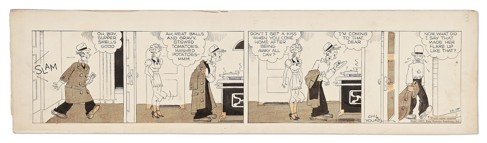 Chic Young Hand-Drawn ''Blondie'' Comic Strip From 1937 -- Dagwood Is More Interested in Dinner than He Is Blondie