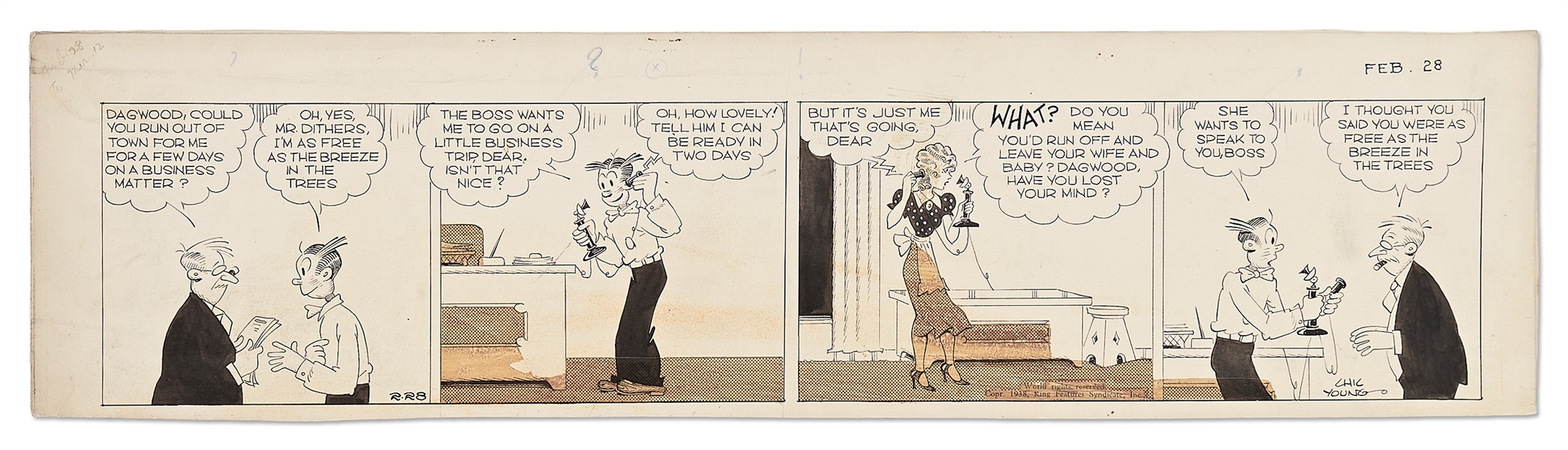 Chic Young Hand-Drawn ''Blondie'' Comic Strip From 1938 -- Dagwood Isn't as Free as He'd Like to Think