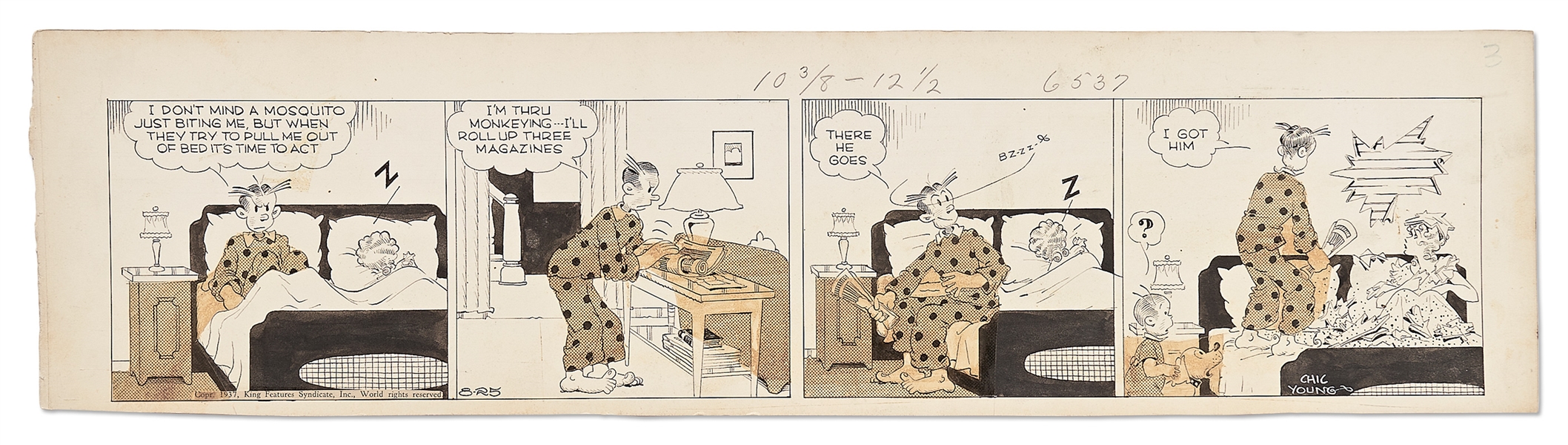 Chic Young Hand-Drawn ''Blondie'' Comic Strip From 1937 -- Dagwood vs. the Mosquito