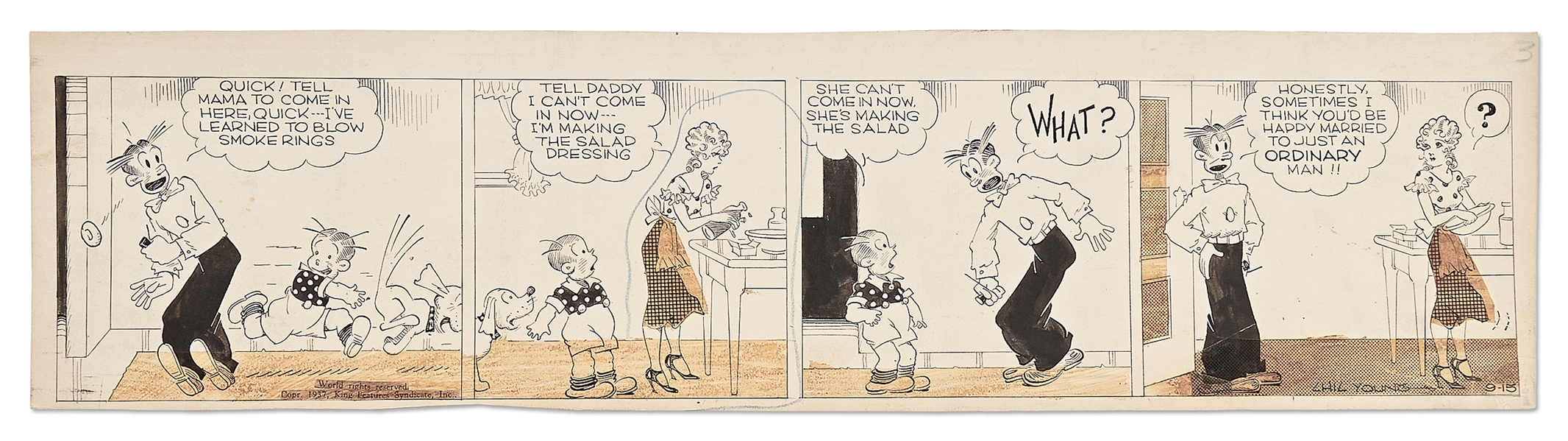 Chic Young Hand-Drawn ''Blondie'' Comic Strip From 1937 -- Dagwood Perfects the Art of Blowing Smoke Rings with His Pipe