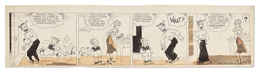 Chic Young Hand-Drawn Blondie Comic Strip From 1937 -- Dagwood Perfects the Art of Blowing Smoke Rings with His Pipe