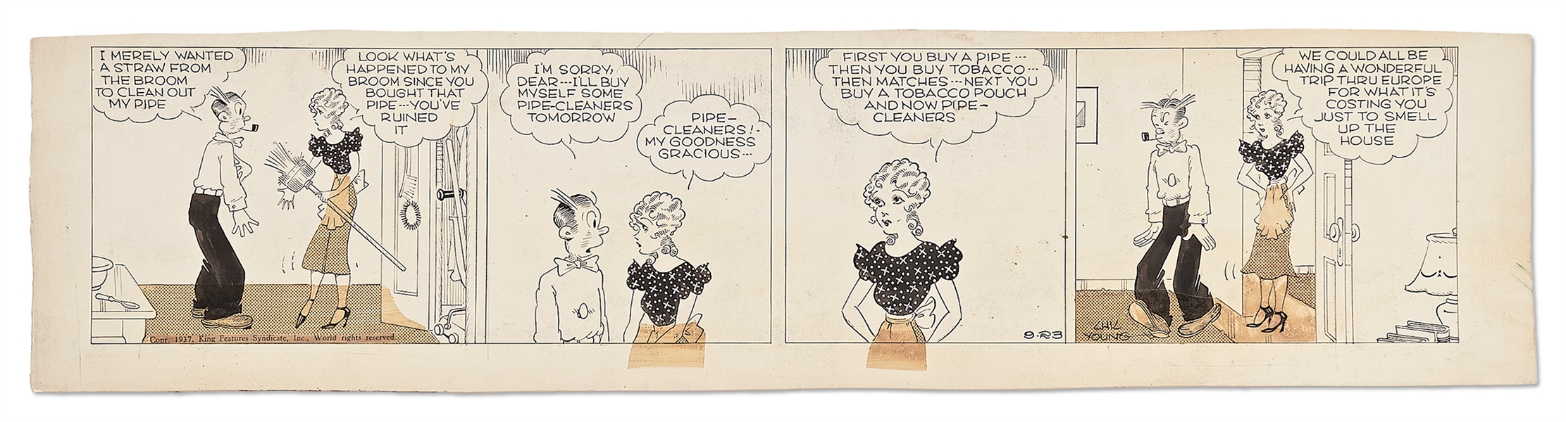 Chic Young Hand-Drawn ''Blondie'' Comic Strip From 1937 -- Blondie Doesn't Appreciate Dagwood's Pipe Smoking Habit