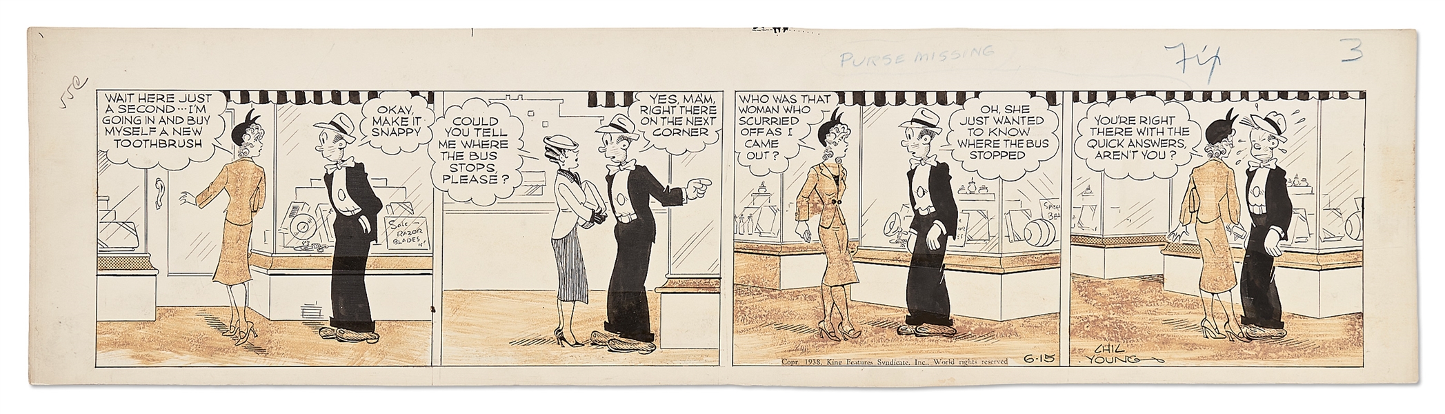 Chic Young Hand-Drawn ''Blondie'' Comic Strip From 1938 -- Blondie's Jealous