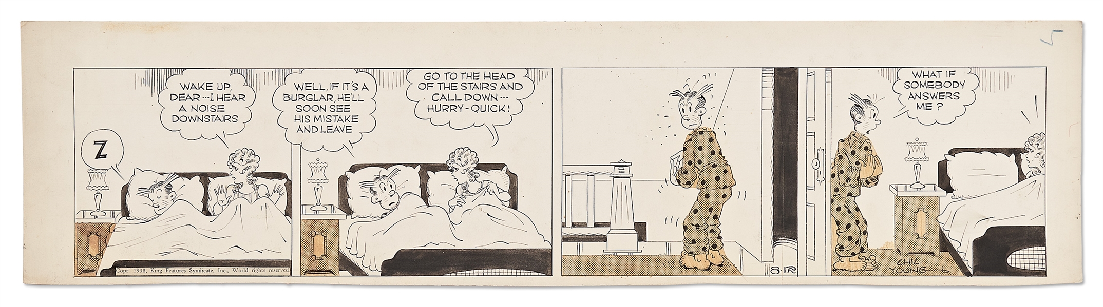 Chic Young Hand-Drawn ''Blondie'' Comic Strip From 1938 -- Something Goes Bump in the Night