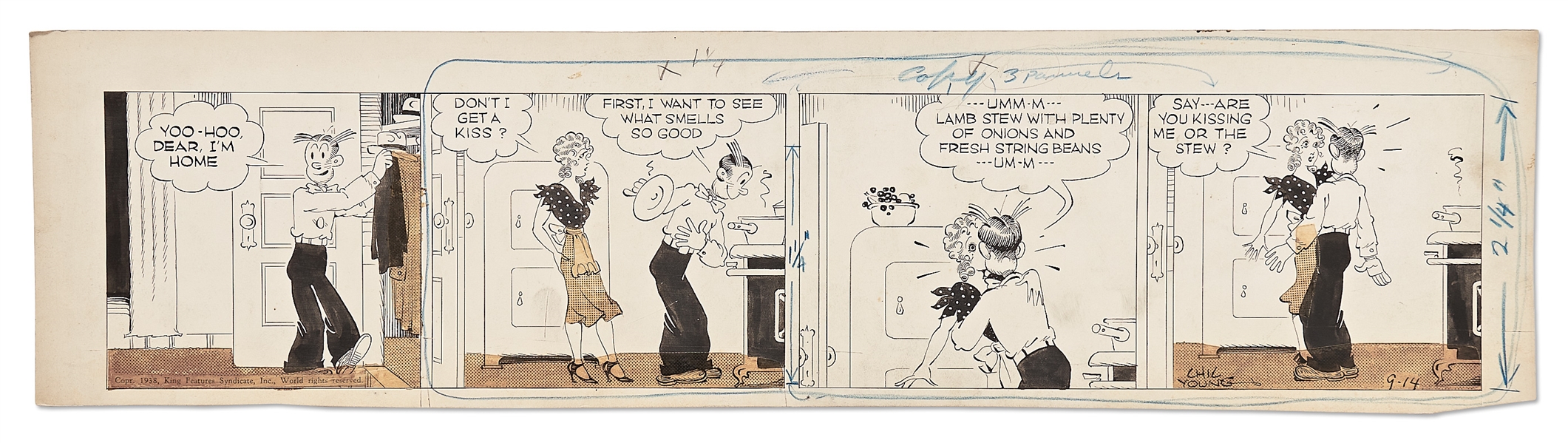 Chic Young Hand-Drawn ''Blondie'' Comic Strip From 1938 -- Dagwood Appreciates Blondie's Culinary Skills