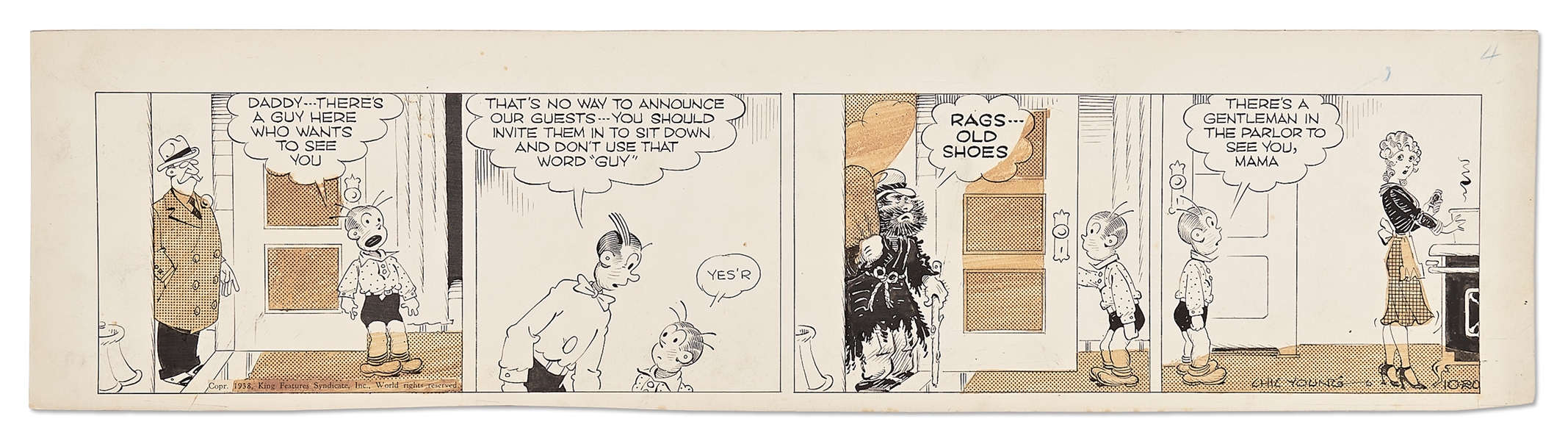 Chic Young Hand-Drawn ''Blondie'' Comic Strip From 1938 -- Alexander Invites a Vagabond Into the Bumstead Home