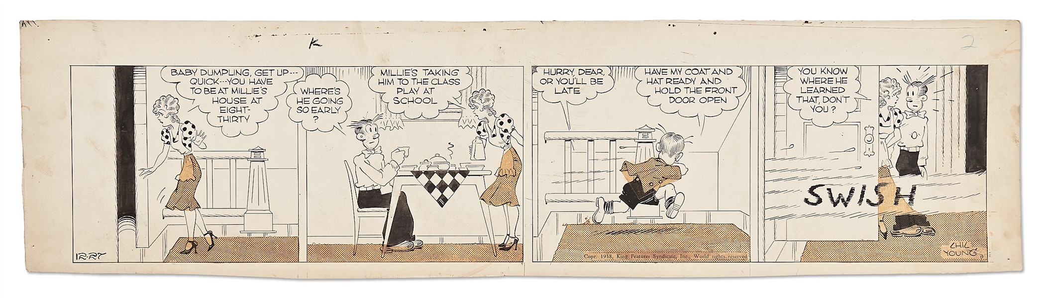 Chic Young Hand-Drawn ''Blondie'' Comic Strip From 1938 -- Baby Dumpling Rushes Out the Door - Dagwood-Style!