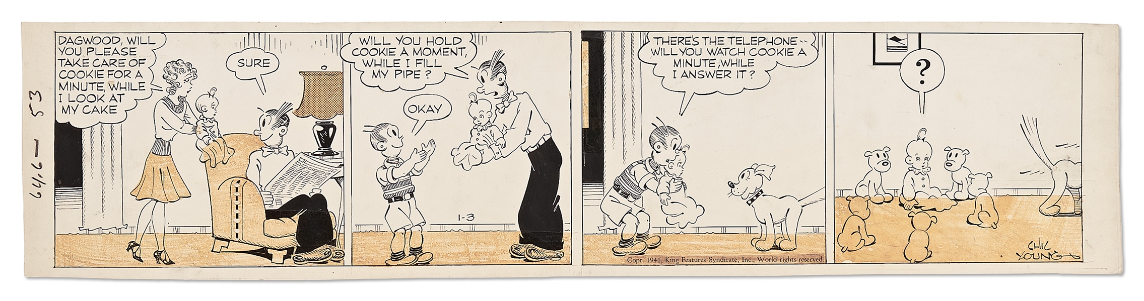 Chic Young Hand-Drawn ''Blondie'' Comic Strip From 1941 -- Baby Cookie Is ''Pawed Off'' for Babysitting Duties