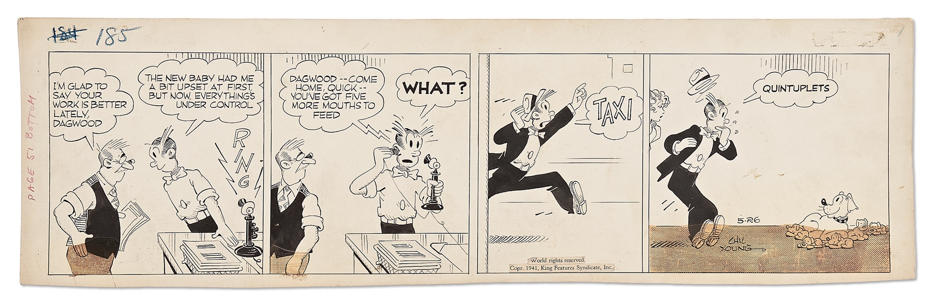 Chic Young Hand-Drawn ''Blondie'' Comic Strip From 1941 -- Daisy the Dog Has Quintuplets!