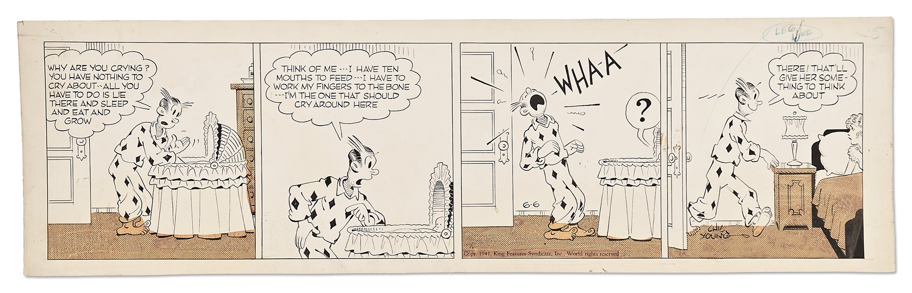 Chic Young Hand-Drawn ''Blondie'' Comic Strip From 1941 -- Dagwood Feels the Pressure of a Full House